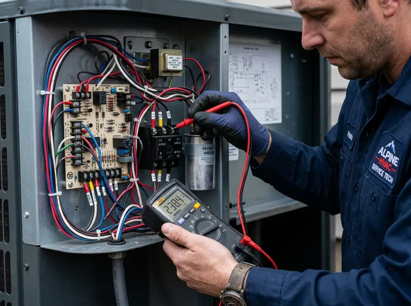 HVAC specialist measuring terminal voltage with a digital multimeter