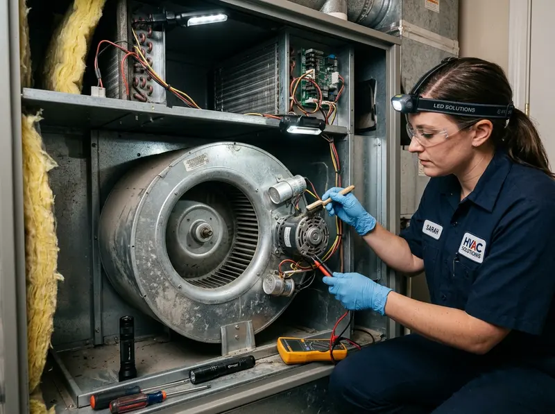 HVAC technician inspecting squirrel cage blower fan assembly