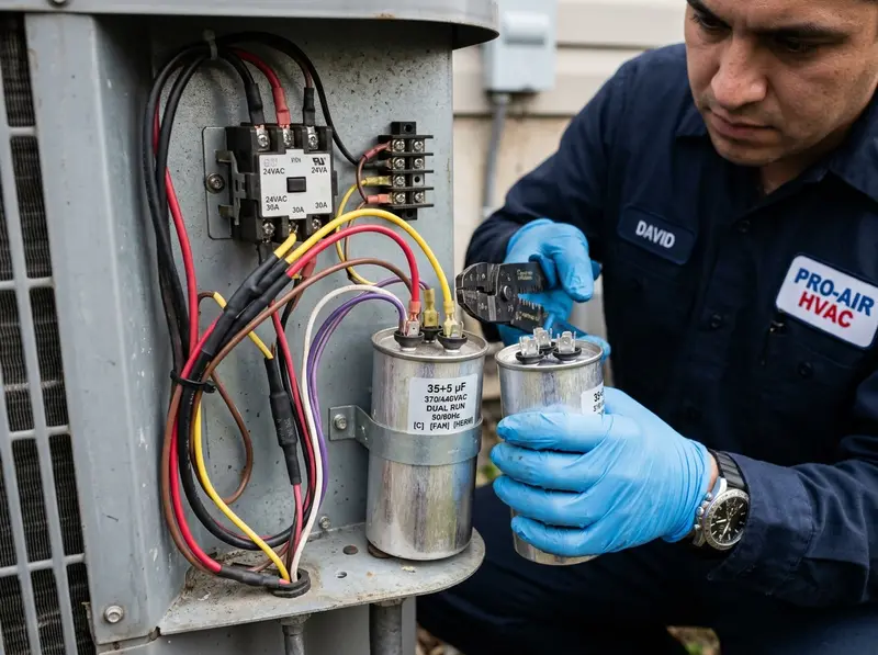 HVAC worker replacing outdoor condenser startup capacitor