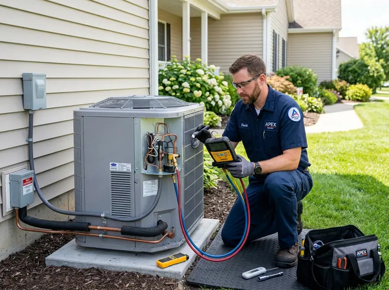 Professional technician inspecting outdoor central air split system condenser