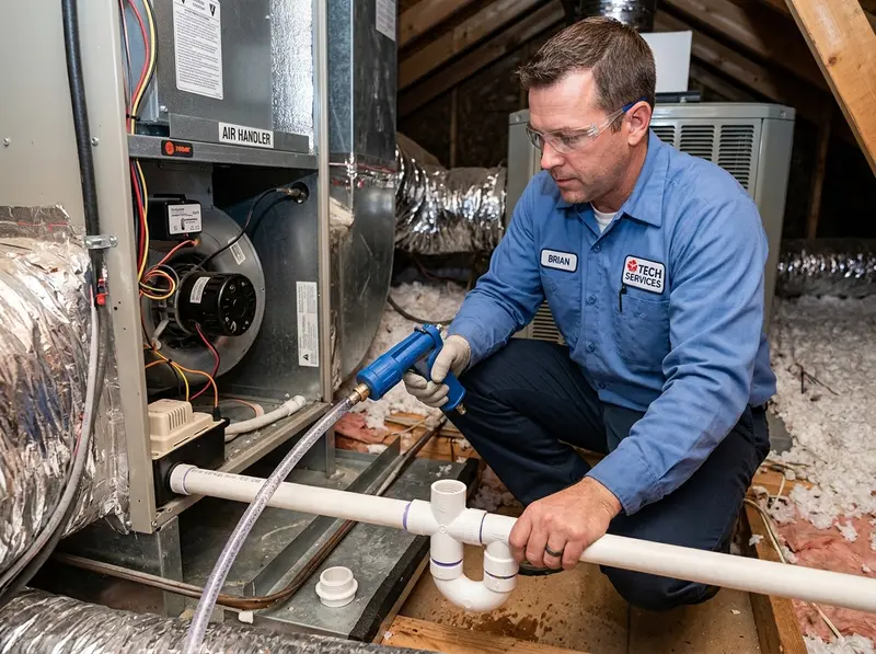 Technician cleaning a clogged white PVC condensate drain pipe