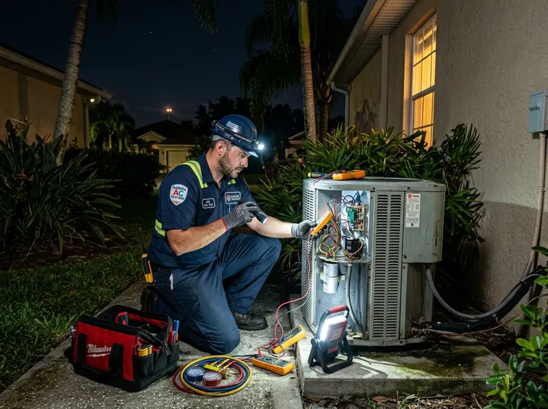 HVAC technician performing emergency diagnostics at night