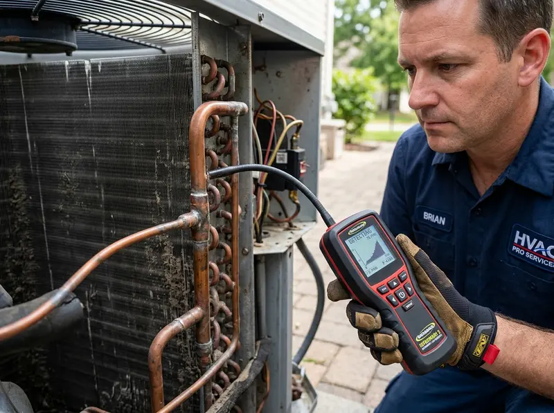 HVAC service sniffer checking copper tubing for refrigerant leaks